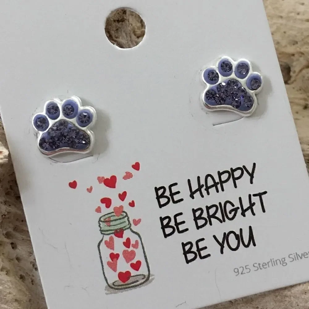 Girls Sterling Silver Paw Print Crystal Earrings